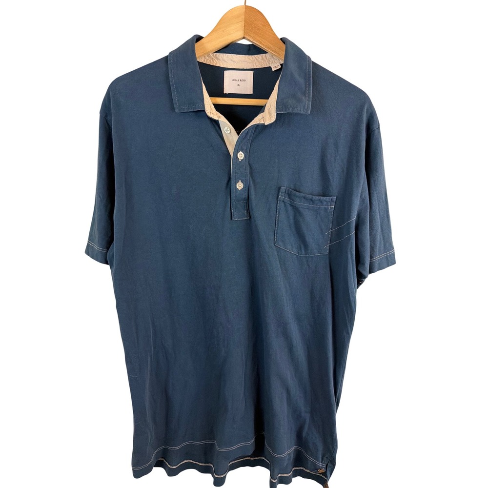 Billy Reid Short Sleeve Polo Shirt Mens XL Blue Contrast Trim Pocket Cotton